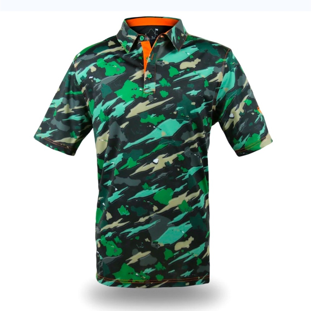 Golf Polo OGA MEN'S “ISLAND FLOW HUNTER CAMO" Sz S DARK RAINFOREST Oahu NWT